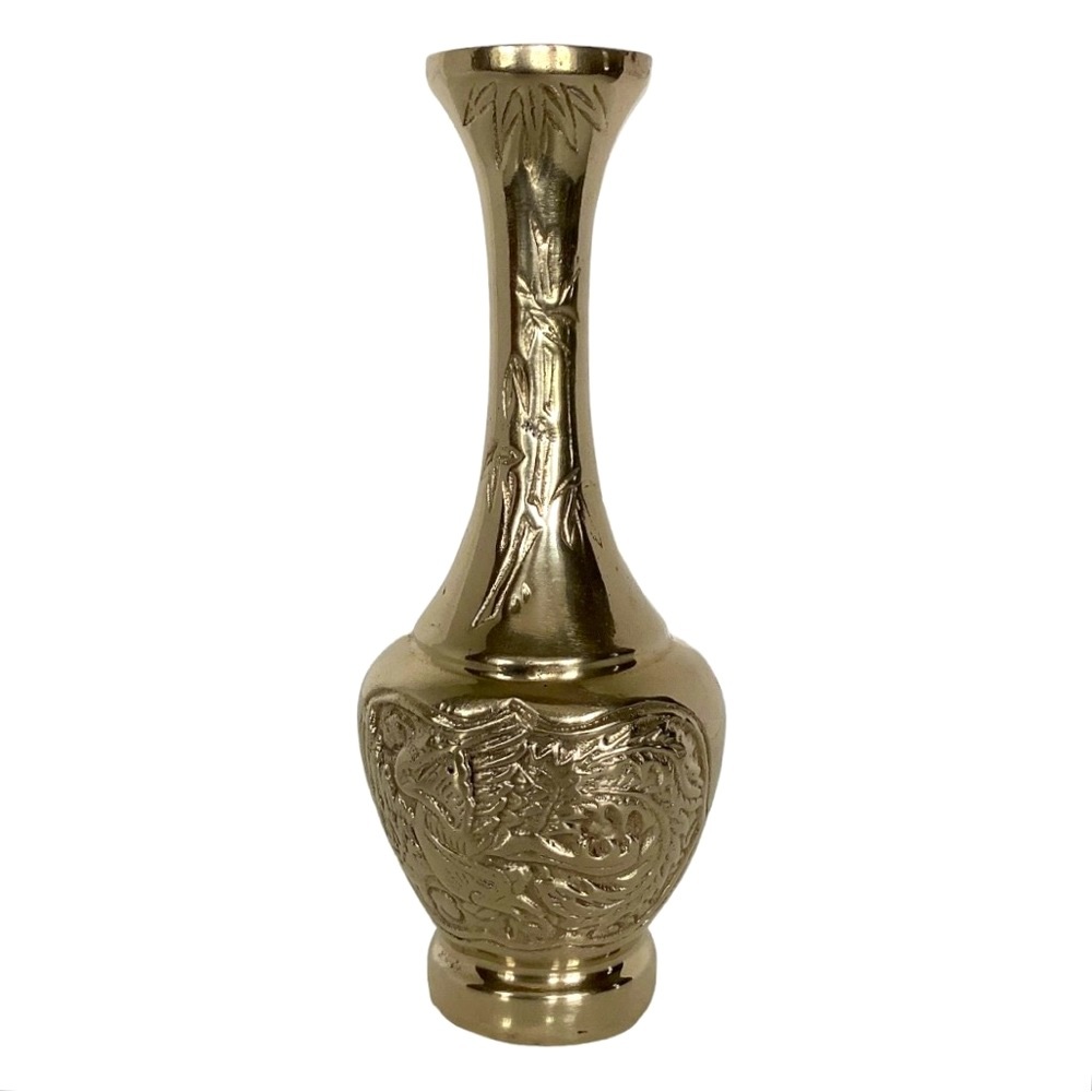 Imperial Dragon Bud Vase Asian Style Gilt Bronze Phoenix Bamboo Motif 1940 JAPAN